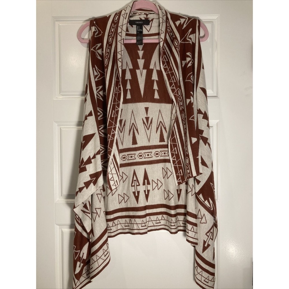 Western Chic Cardigan Duster Sweater Sleevless Viscose Brown Off White Womens S